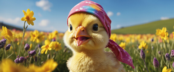 Wall Mural - Adorable chick wearing bandana in a colorful spring meadow