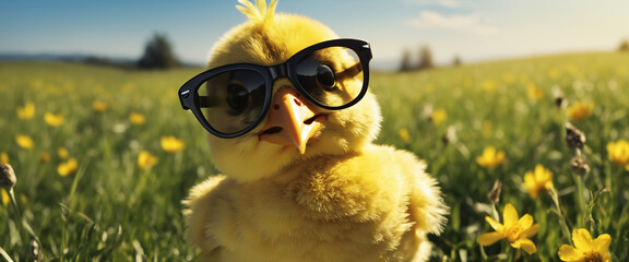 Wall Mural - Adorable chick wearing sunglasses in a spring meadow