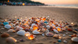 A beachscape scattered with colorful seashells, baskets, and bokeh lights, ideal for seashell collectors and enthusiasts exploring the shoreline.