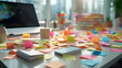 Sticky notes on the desk with laptop in the office, business concept
