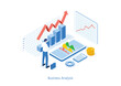 © EmBaSy - Isometric business man working for data analytics and monitoring on web report dashboard monitor and business finance. illustrator vector