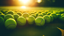 Closeup Of A Plenty Of Tennis Balls On An Empty Tennis Court, The Sunshine. Sports Lifestyle Concept. Generative AI