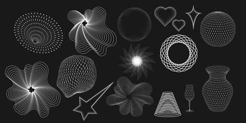 Wireframe geometric shapes and meshes on dark background. Abstract 3D patterns in trendy psychedelic style. Y2k.