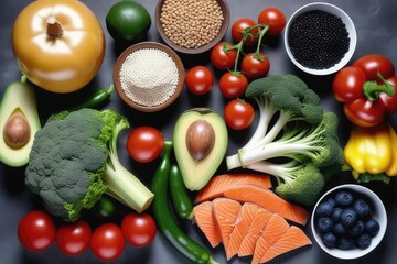 Wall Mural - Healthy food clean eating selection: salmon, avocado, cherry tomatoes, black beans, spinach, broccoli, chickpeas, avocado, lentils, soybeans, soybeans