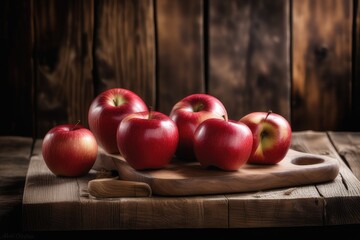 Wall Mural - Ripe red apples on a wooden background. Selective focus