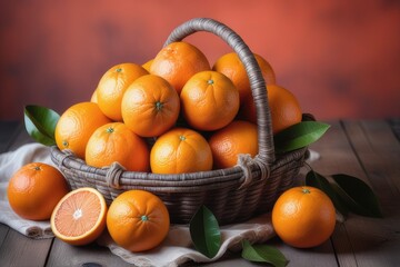 Wall Mural - Oranges in a basket on a wooden table with nature background