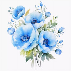 Wall Mural - Watercolor beautiful bouquet of blue flowers on a clean white background