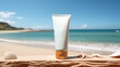 © สุวรรณ วนวัฒนาวงศ์ - Sunscreen lotion and sunscreen on a sandy beach. Summer vacation and skin care, protection from UV spf. Generative AI.