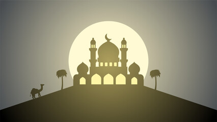 Sticker -  Mosque silhouette landscape vector illustration. Ramadan scenery design graphic in muslim culture and islam religion. Mosque panorama for illustration, background or wallpaper