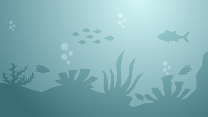 Sticker - Seascape vector illustration. Scenery of fishes and coral reef in the bottom sea. Underwater panorama for illustration, background or wallpaper