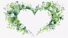 Watercolor Floral Wreath Of Greenery. Hand Painted Frame Heart Of Green Eucalyptus Leaves, Forest Fern, Gypsophila Isolated On White Background