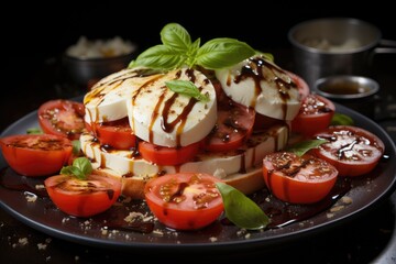 Wall Mural - Delicious caprese salad with ripe tomatoes mozzarella cheese and fresh basil leaves.