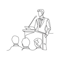 One continuous line drawing of a man is giving a speech in front of an audience vector illustration. Speech illustration simple linear style vector concept. Ceremony speech suitable for asset design.