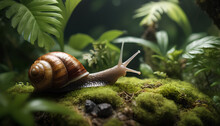 Sluggish Snail Crawling On A Green Surface, Generative AI