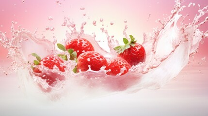 Wall Mural - Milk strawberry cocktail splashes with strawberries background. Fresh summer food banner