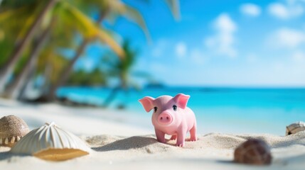 Canvas Print - Pink piggy bank on the beach with shells and palm trees, AI