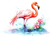 Cartoon Watercolor Flamingo Character On White Background