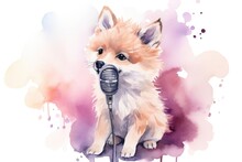Cartoon Watercolor Wolf With Microphone On White Background