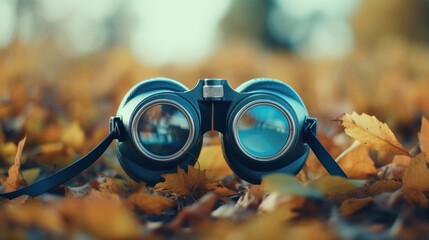 Canvas Print - A pair of binoculars on the ground in a field, AI