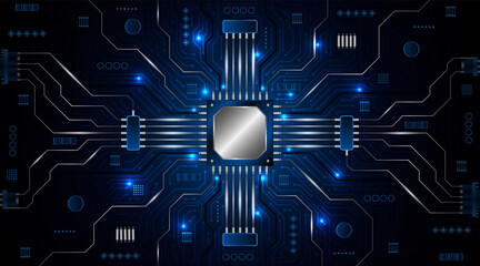 Leinwandbilder - Microchip processor circuit board technology on dark blue background. Information Processing Concept. Circuit board hi-tech technology background. vector illustration
