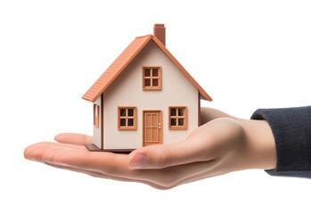 Hand Holding House Miniature Isolated on Transparent Background
