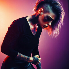 Wall Mural - photo of woman as a leader gang member with undercut side fade hairstyle pain feeling and wound on gradient pink and purple backdrop, generative AI