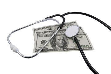 Medical stethoscope and money (dollars) on a transparent background. Paid medicine concept