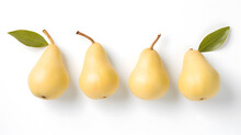 Fresh Yellow Pears With Leaves In A Row On White Background