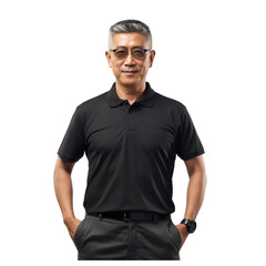 Wall Mural - middle aged asia man, wearing a gray polo shirt, black pants,with smile, stood