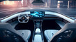 Futuristic autonomous vehicle cockpit. Interior of unmanned car cockpit with digital screens.