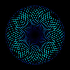 Poster - Abstract fractal burst background with blue green light lines weaving pattern in circle shape isolated on black background. Modern technology design concept, science, music. Vector illustration.