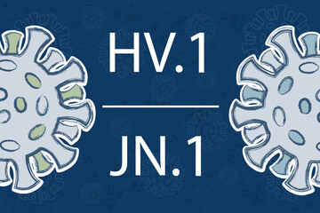 Wall Mural - New variants of Omicron HV.1 and JN.1. White text on dark blue background. Different colors of the spike proteins of Coronavirus symbolize different mutations.