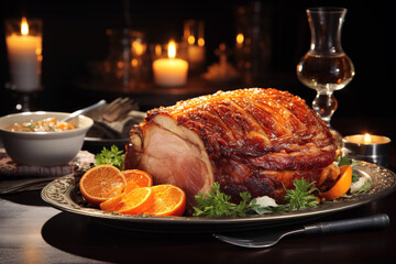 Christmas ham on plate with festive decoration. Generative AI
