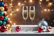 glasses of champagne with new year decorations and baubles on table against blurred background glasses of champagne with new year decorations and baubles on table against blurred background new year '