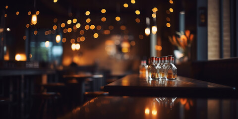 Wall Mural - background Image of wooden table in front of abstract blurred restaurant lights