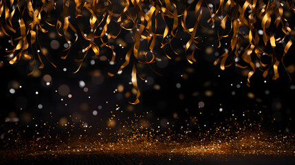 Wall Mural - golden confetti on black background. festive concept. 3d rendering. christmas and new year concept. 