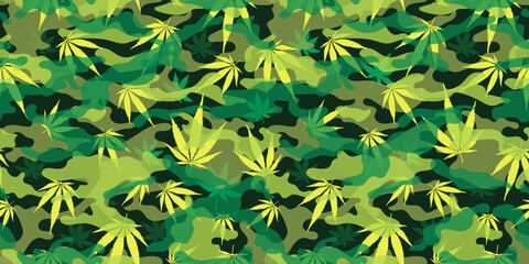 Trendy camouflage military pattern with cannabis leaf. Vector camouflage pattern for clothing design.