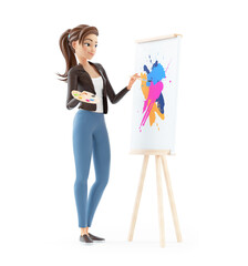 Wall Mural - 3d cartoon woman painting on canvas