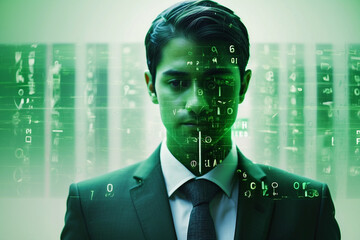 Double exposure of binary data digits, alphabet and business man, Abstract technology background.