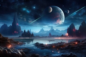 Wall Mural - alien landscape, fantasy planet, night sky with stars on background. Generative AI