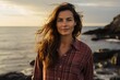 © CogniLens - Portrait of a satisfied woman in her 30s dressed in a relaxed flannel shirt against a stunning ocean reef. AI Generation
