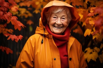 Wall Mural - Portrait of a grinning elderly woman in her 90s wearing a vibrant raincoat against a background of autumn leaves. AI Generation