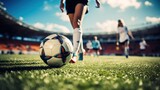 Fototapeta Sport - Female soccer player on the pitch
