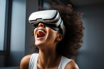 Aufkleber - A happy African-American woman with VR glasses.
