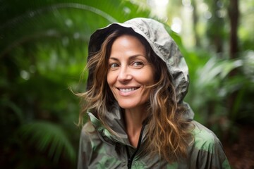 Portrait of a cheerful woman in her 40s wearing a lightweight packable anorak against a lush tropical rainforest. AI Generation