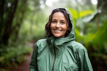 Sticker - Portrait of a cheerful woman in her 40s wearing a lightweight packable anorak against a lush tropical rainforest. AI Generation