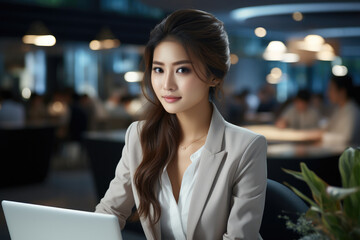 Poster - A Chinese female financial analyst working with laptop in office.