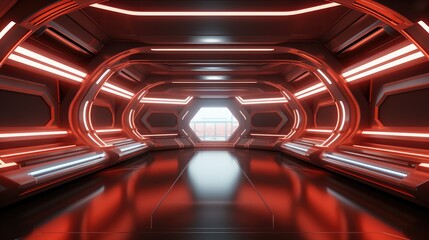 Poster - Podium Tunnel Corridor Room, Stage Glowing Laser Red Lights Wall Floor.