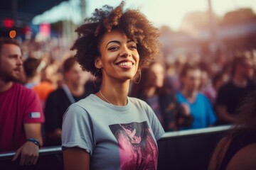 Wall Mural - Portrait of a content woman in her 30s sporting a vintage band t-shirt against a vibrant festival crowd. AI Generation