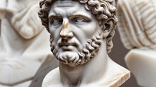 Ancient Marble Bust Statue Of Roman, Curly Hair And A Draped Robe